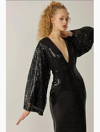 Robe longue à paillettes et col en v, manches ange hiccup