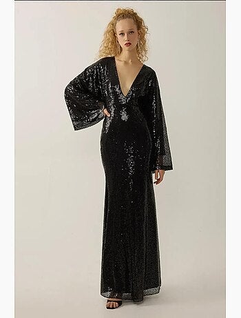 Robe longue à paillettes et col en v, manches ange hiccup