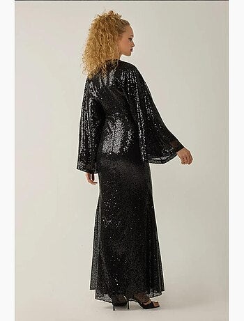 Robe longue à paillettes et col en v, manches ange hiccup