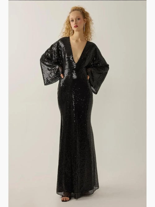 Robe longue à paillettes et col en v, manches ange hiccup - Kiabi Robe longue à paillettes et col en v, manches ange hiccup - Kiabi