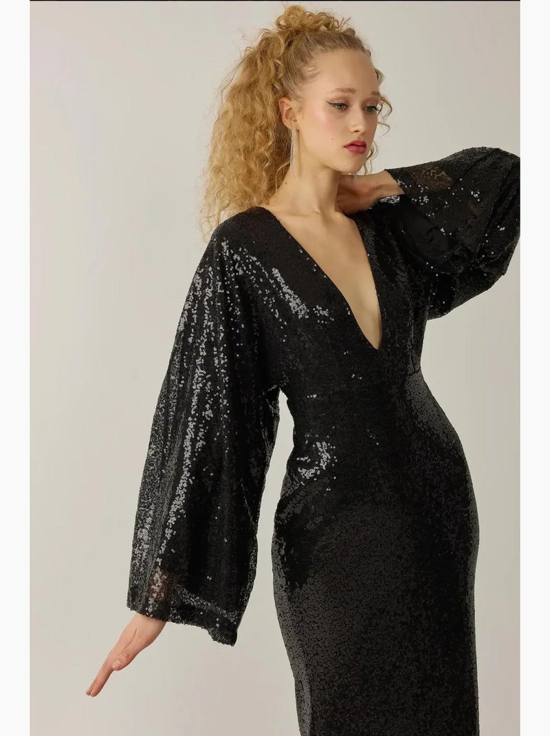 Robe longue à paillettes et col en v, manches ange hiccup Noir - Kiabi
