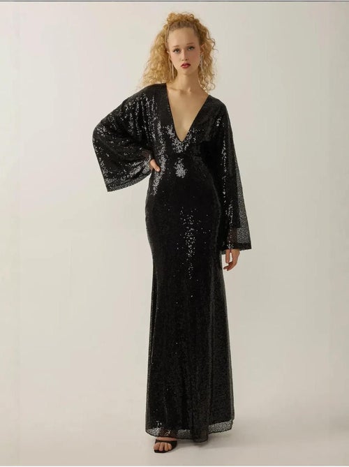 Robe longue à paillettes et col en V, manches ange - Kiabi Robe longue à paillettes et col en V, manches ange - Kiabi