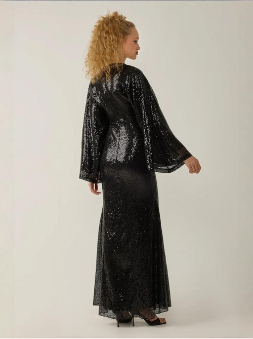Robe longue à paillettes et col en V, manches ange - Kiabi Robe longue à paillettes et col en V, manches ange - Kiabi