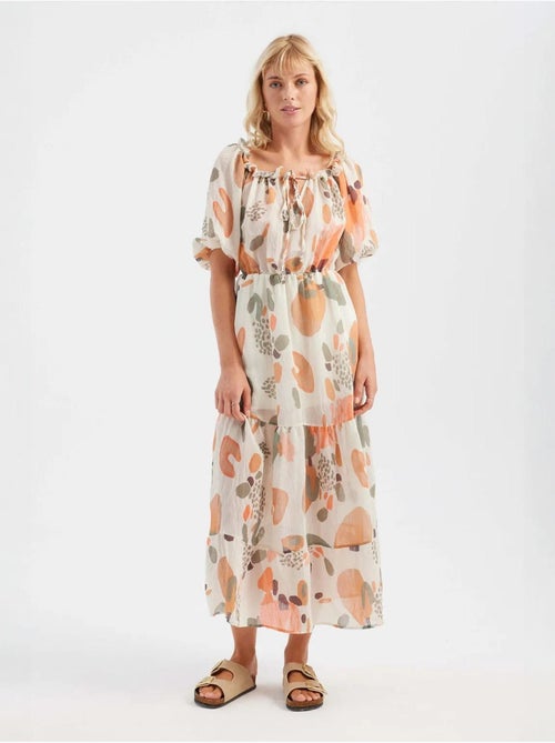Robe longue abstraite à épaules dénudées - Kiabi Robe longue abstraite à épaules dénudées - Kiabi