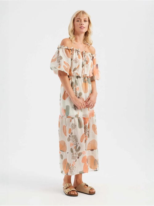 Robe longue abstraite à épaules dénudées - Kiabi Robe longue abstraite à épaules dénudées - Kiabi