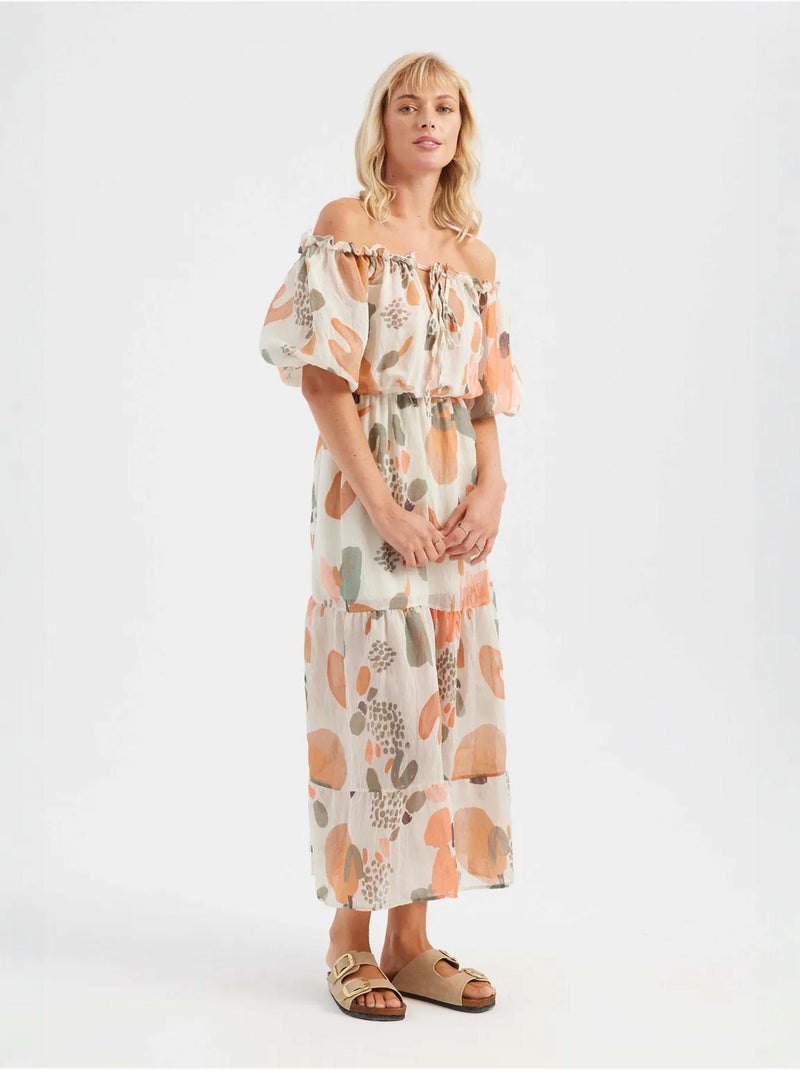 Robe longue abstraite à épaules dénudées Multicolore - Kiabi