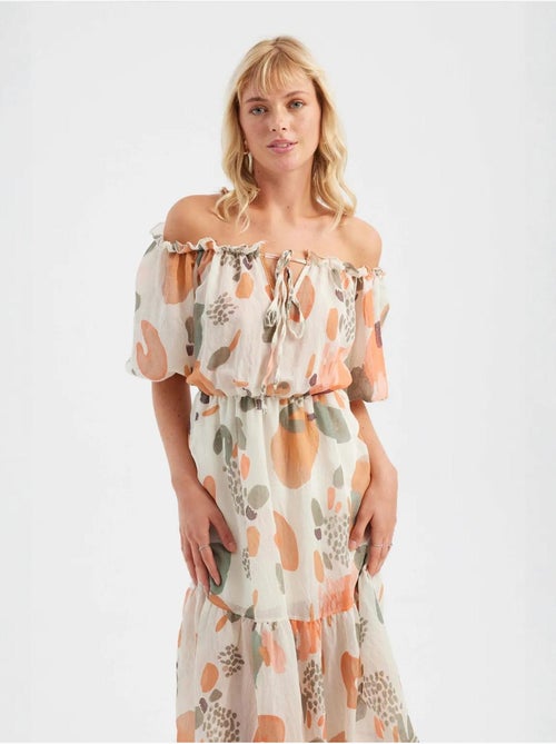 Robe longue abstraite à épaules dénudées - Kiabi Robe longue abstraite à épaules dénudées - Kiabi