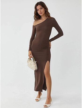 Robe longue asymétrique à col et volants busem