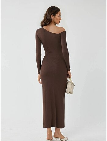 Robe longue asymétrique à col et volants busem