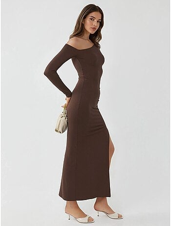 Robe longue asymétrique à col et volants busem