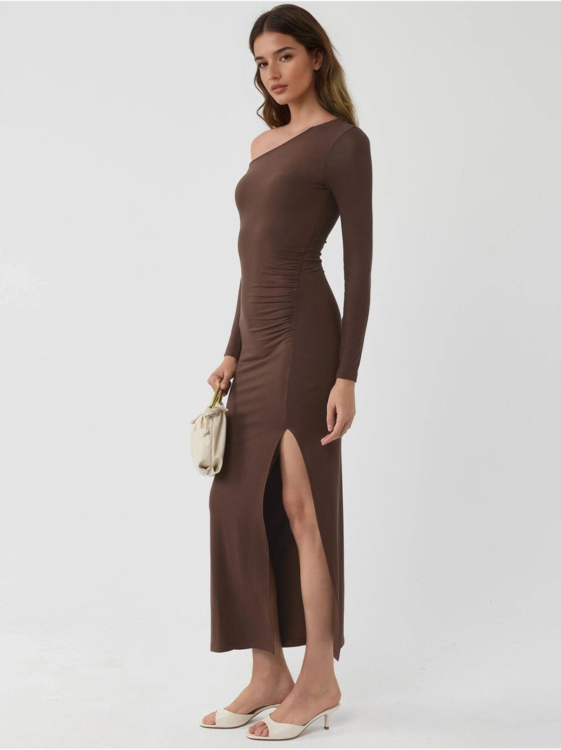Robe longue asymétrique à col et volants busem Marron clair - Kiabi