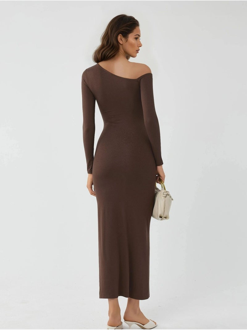 Robe longue asymétrique à col et volants busem Marron clair - Kiabi