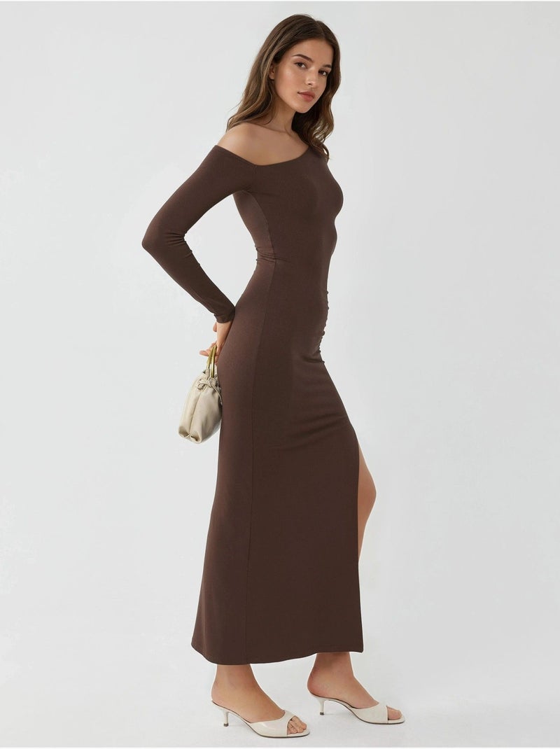 Robe longue asymétrique à col et volants busem Marron clair - Kiabi
