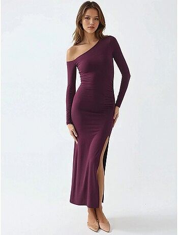 Robe longue asymétrique à col et volants busem