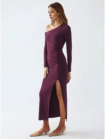 Robe longue asymétrique à col et volants busem