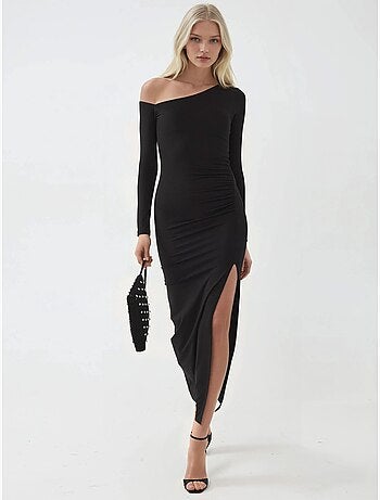 Robe longue asymétrique à col et volants busem