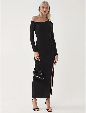Robe longue asymétrique à col et volants busem