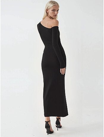 Robe longue asymétrique à col et volants busem