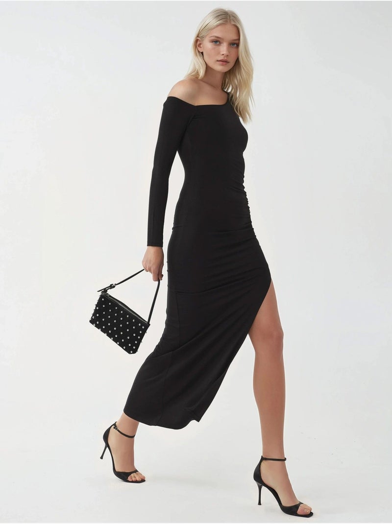 Robe longue asymétrique à col et volants busem Noir - Kiabi