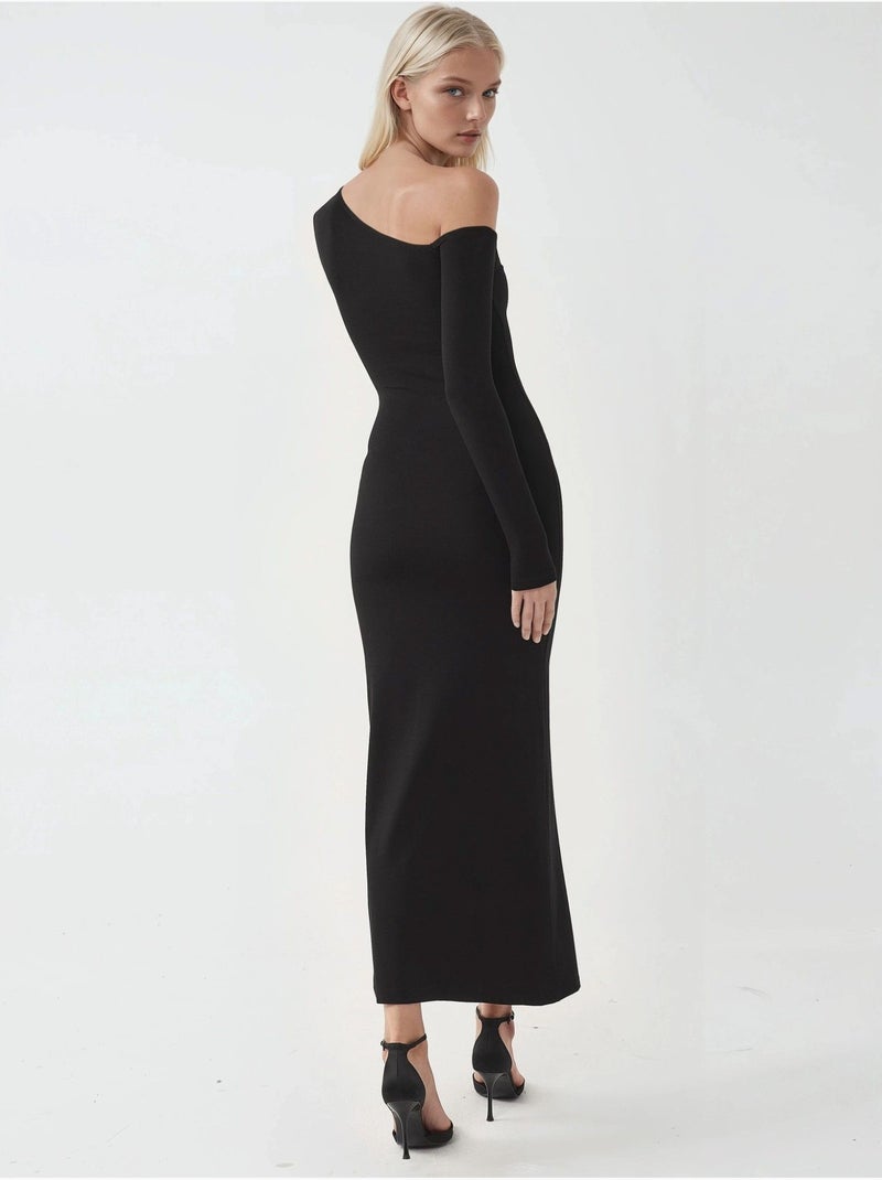 Robe longue asymétrique à col et volants busem Noir - Kiabi