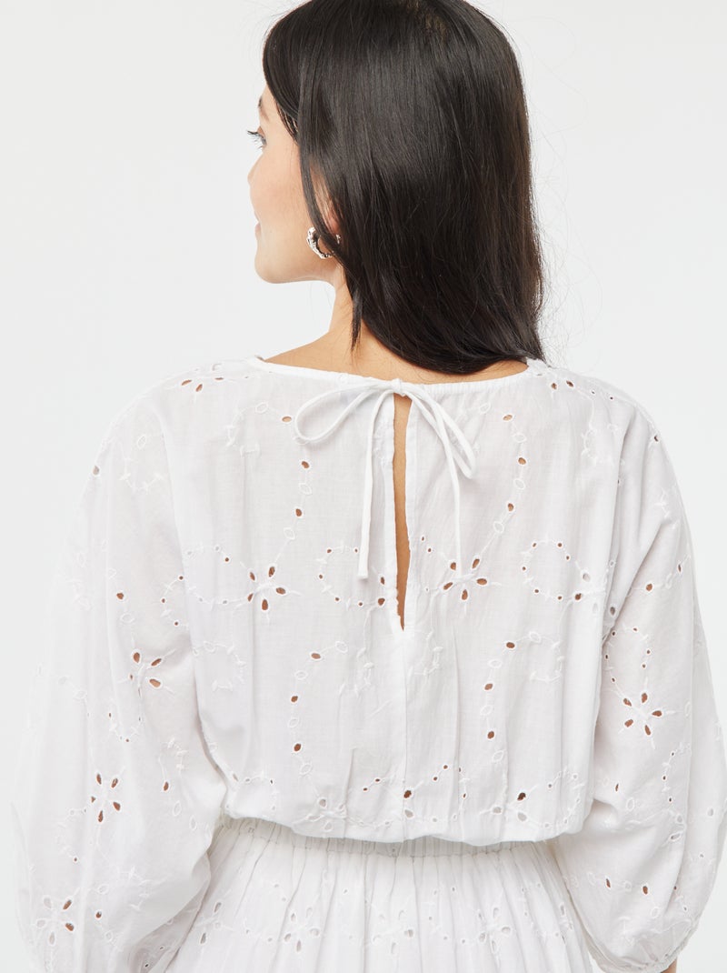 Robe longue avec broderie anglaise et volant à la base blanc - Kiabi
