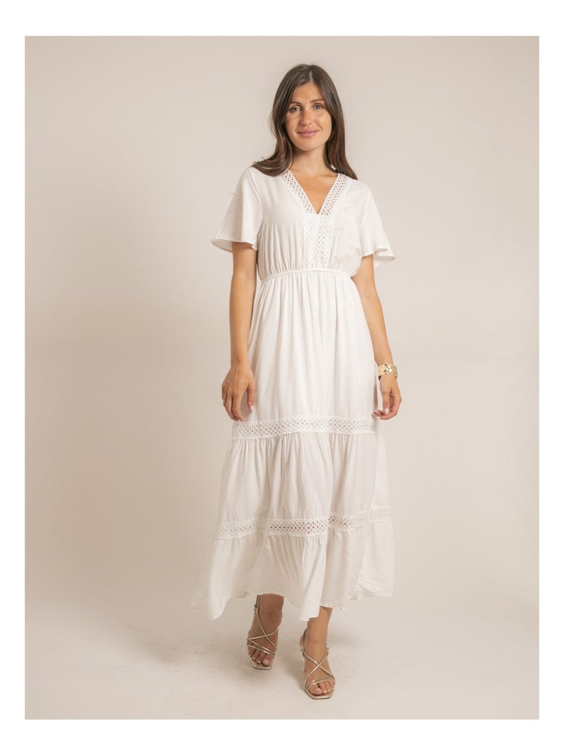 Robe longue avec broderies IREANE Blanc - Kiabi