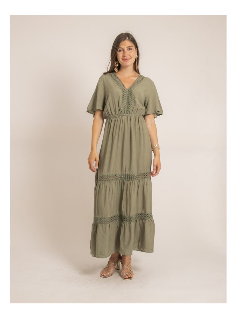 Robe longue avec broderies IREANE Kaki - Kiabi