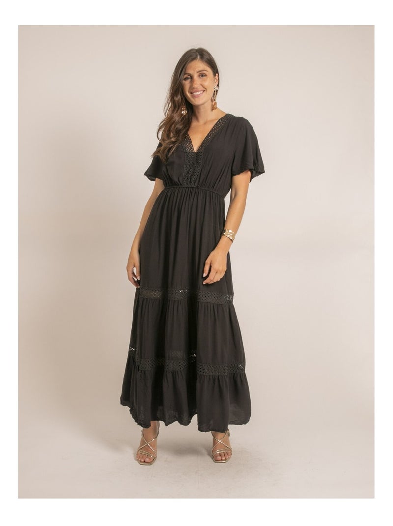 Robe longue avec broderies IREANE Noir - Kiabi