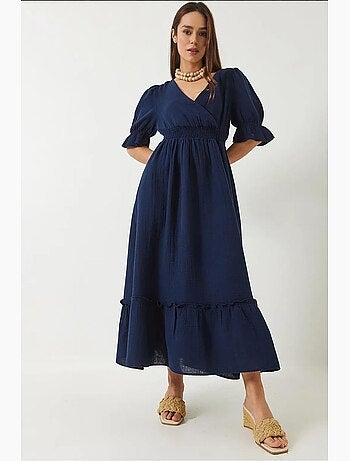 Robe longue avec col cache-cœur, taille et manches élastiques lucci