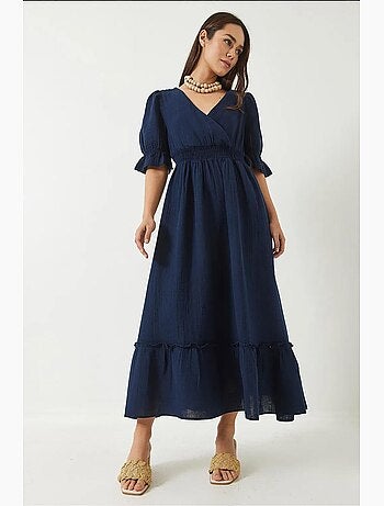 Robe longue avec col cache-cœur, taille et manches élastiques lucci
