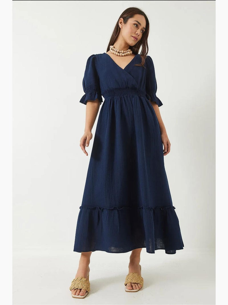 Robe longue avec col cache-cœur, taille et manches élastiques lucci Bleu marine - Kiabi