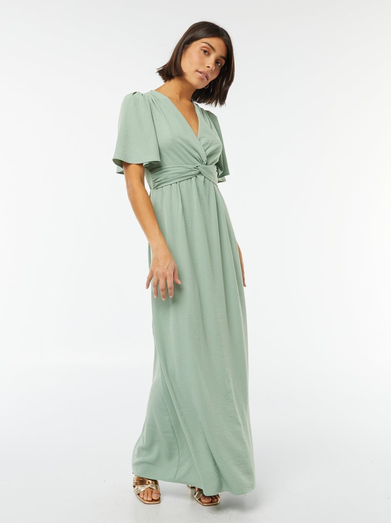 Robe longue avec col effet croisé et noué Vert - Kiabi