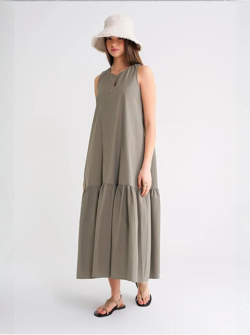Robe longue avec col pointu et volants mixray Kaki - Kiabi