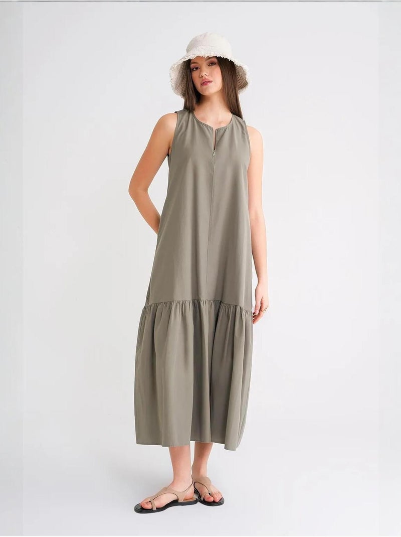 Robe longue avec col pointu et volants mixray Kaki - Kiabi