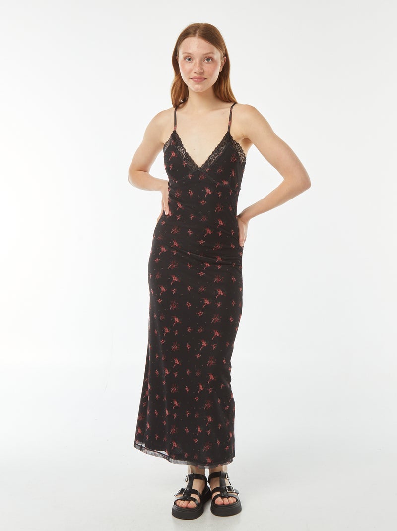 Robe longue avec détails en dentelles et motif Noir - Kiabi