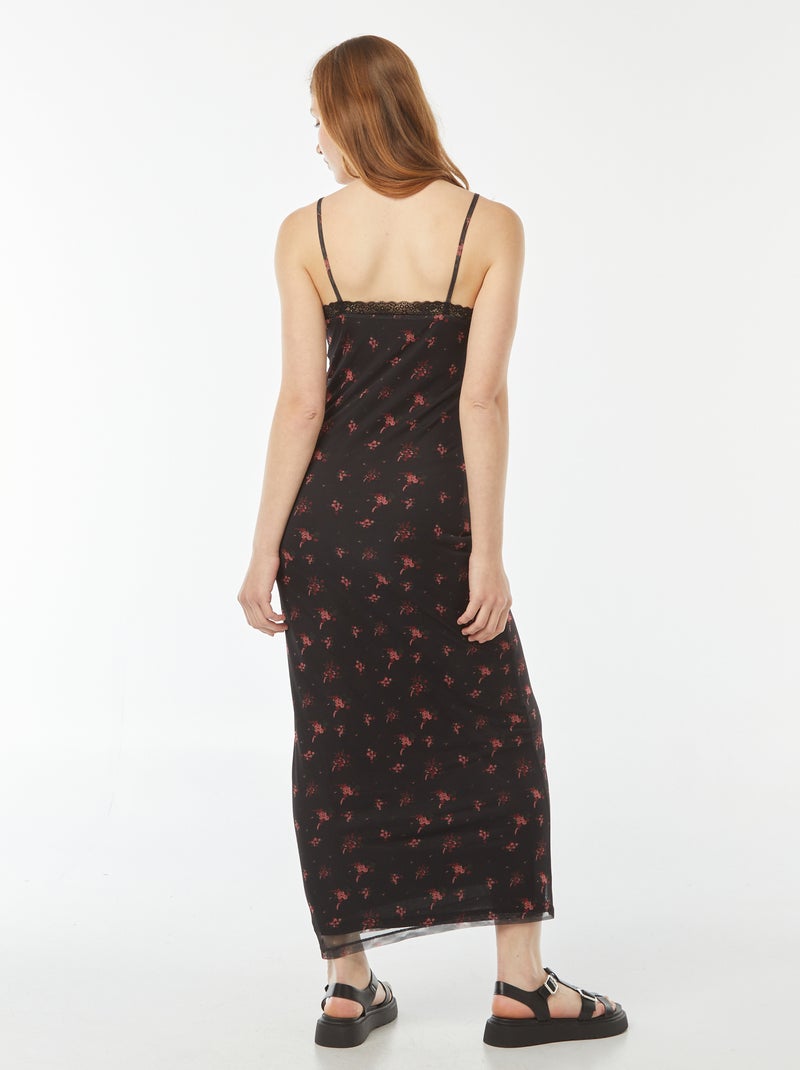 Robe longue avec détails en dentelles et motif Noir - Kiabi