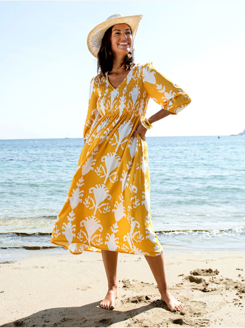 Robe longue avec smocks - DAXON Blanc Jaune - Kiabi