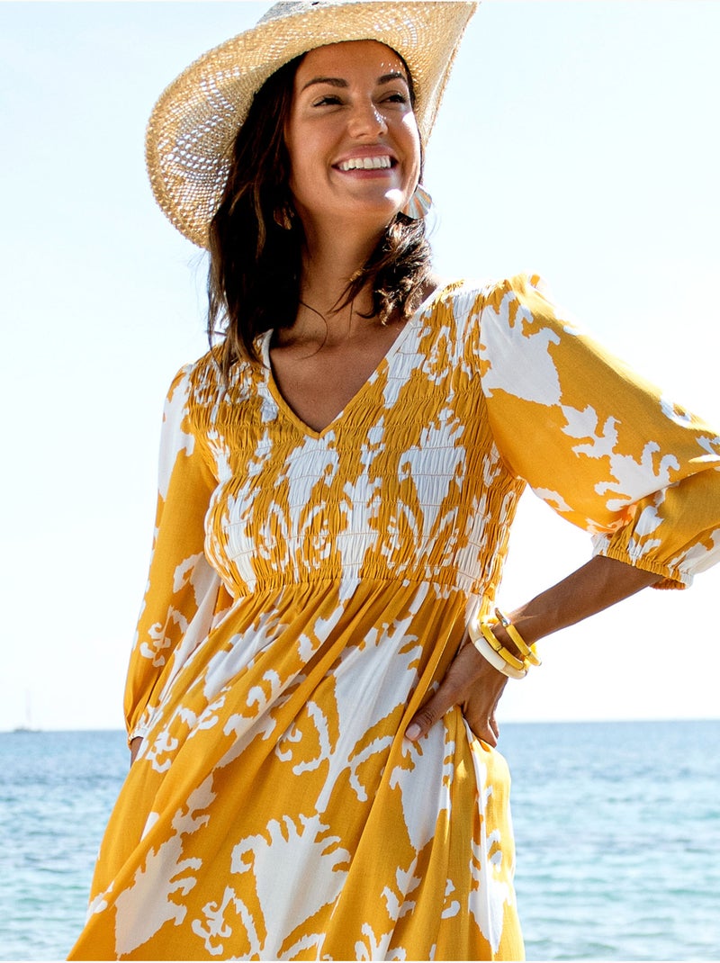 Robe longue avec smocks - DAXON Blanc Jaune - Kiabi