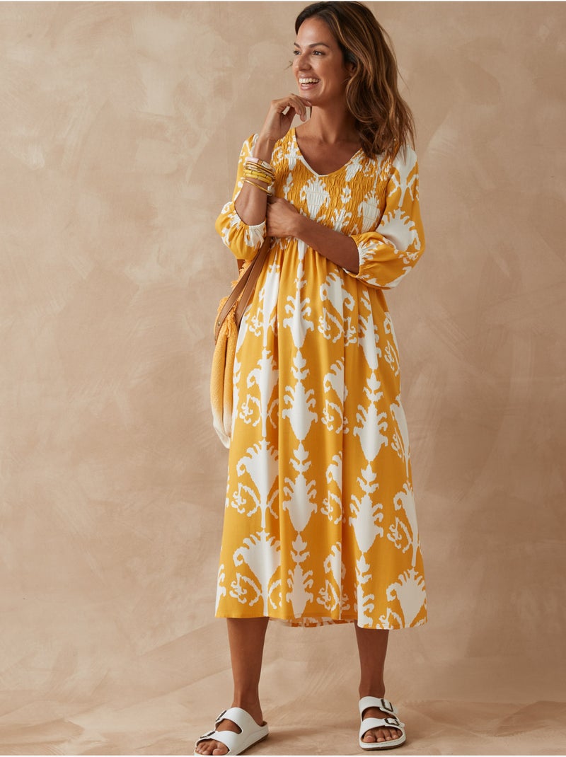 Robe longue avec smocks - DAXON Blanc Jaune - Kiabi