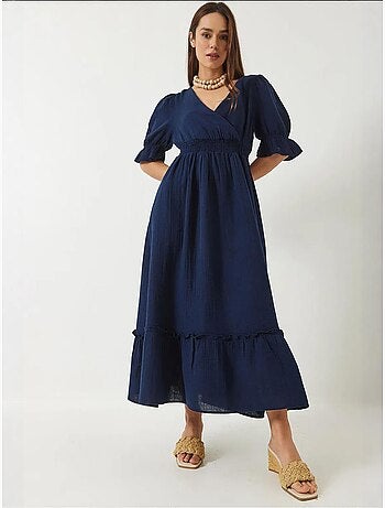 Robe longue bianco avec col cache-cœur, taille et manches élastiques lucci