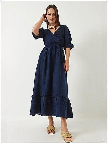Robe longue bianco avec col cache-cœur, taille et manches élastiques lucci