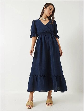 Robe longue bianco avec col cache-cœur, taille et manches élastiques lucci