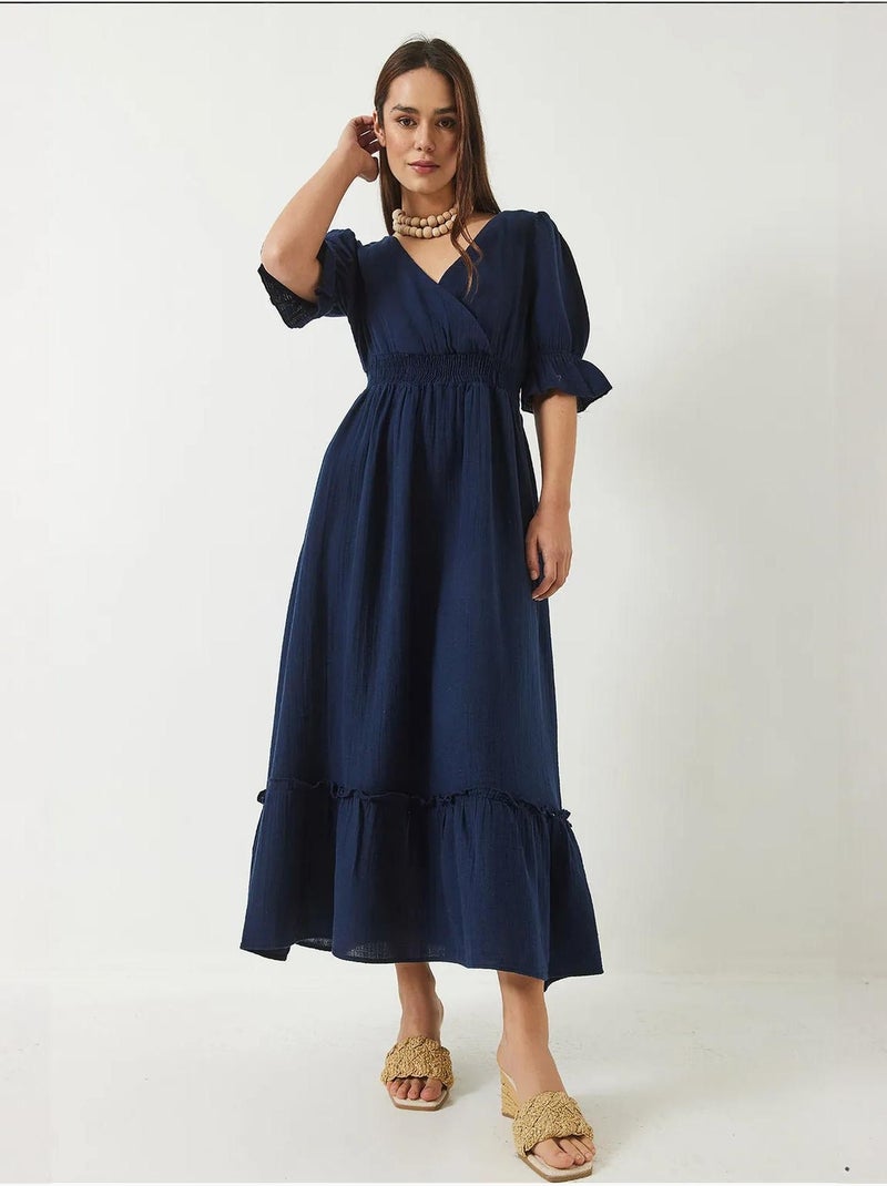 Robe longue bianco avec col cache-cœur, taille et manches élastiques lucci Bleu marine - Kiabi