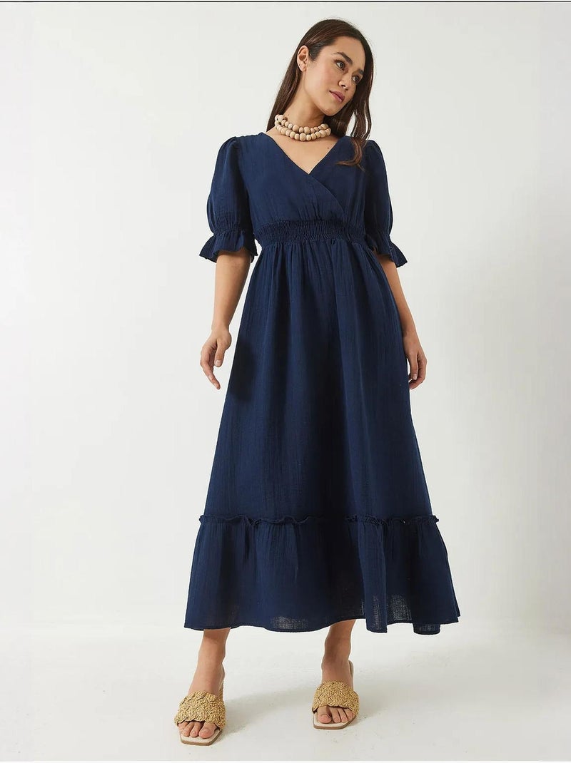 Robe longue bianco avec col cache-cœur, taille et manches élastiques lucci Bleu marine - Kiabi