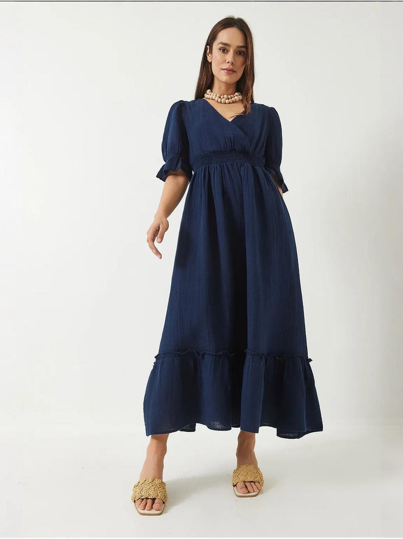 Robe longue bianco avec col cache-cœur, taille et manches élastiques lucci Bleu marine - Kiabi