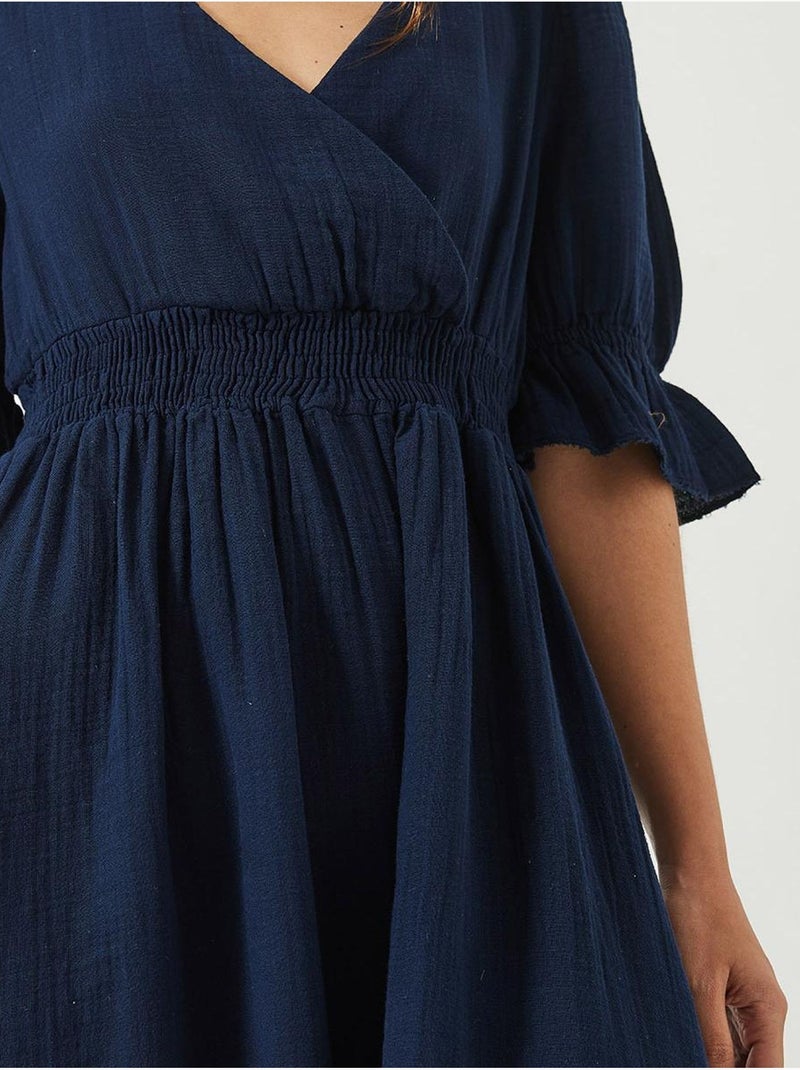 Robe longue bianco avec col cache-cœur, taille et manches élastiques lucci Bleu marine - Kiabi
