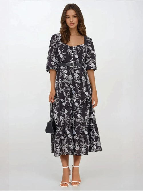 Robe longue brodée à col en cœur et manches bouffantes - Kiabi Robe longue brodée à col en cœur et manches bouffantes - Kiabi