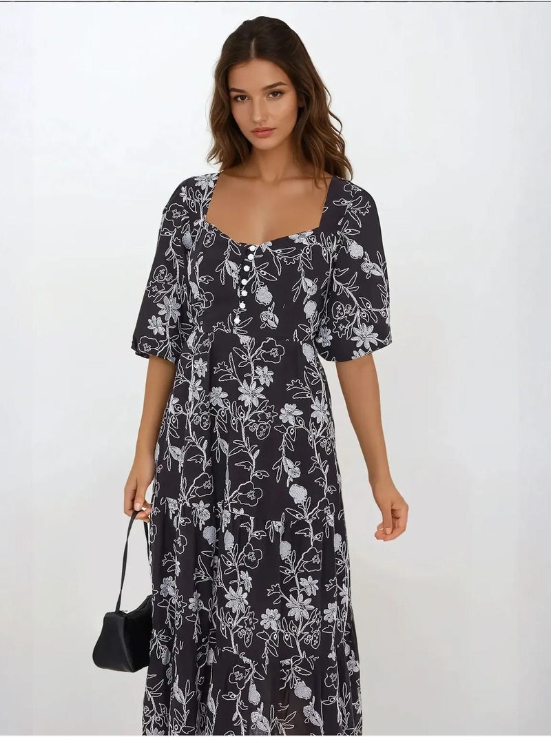 Robe longue brodée à col en cœur et manches bouffantes Noir - Kiabi