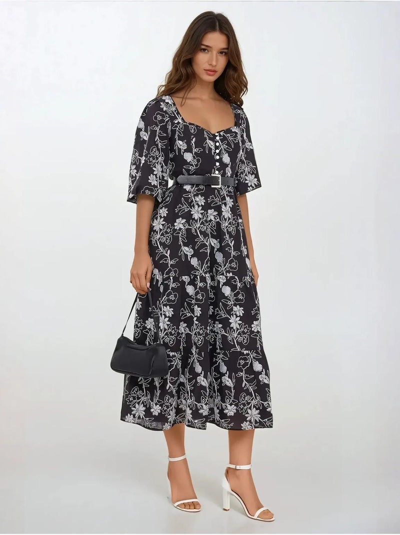 Robe longue brodée à col en cœur et manches bouffantes Noir - Kiabi