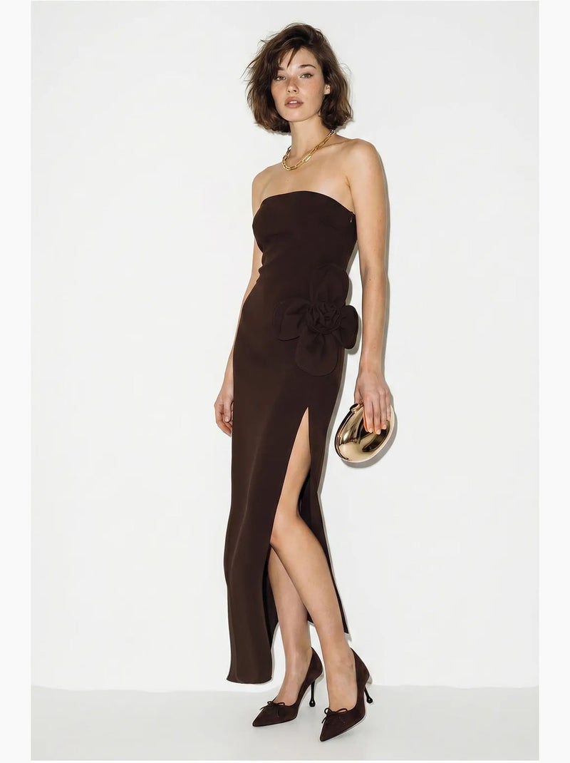 Robe longue bustier fendue à fleurs lucci Marron chocolat - Kiabi